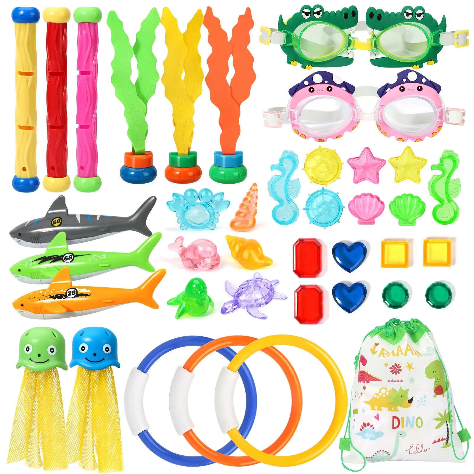 38 PCS Swimming Pool Toys with a Storage Net Bag, Including Diving Sticks, Shark Diving Rings, Underwater Treasures Fish Toys etc. Summer Fun Water Toys for Adults Kids Teens