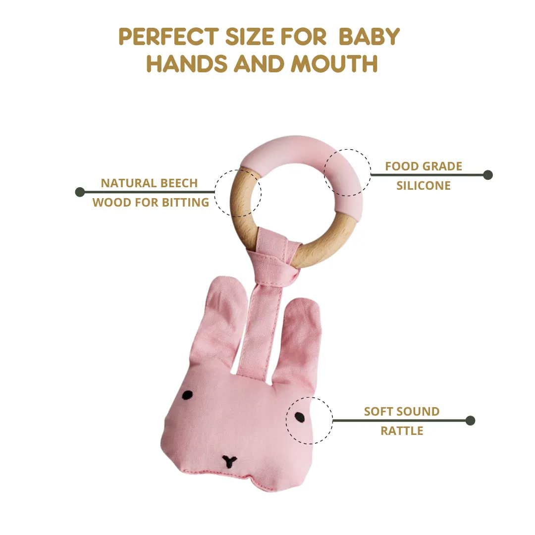 Little Rawr Wood Plush Rattle Teether Toy- Rabbit(Pink)