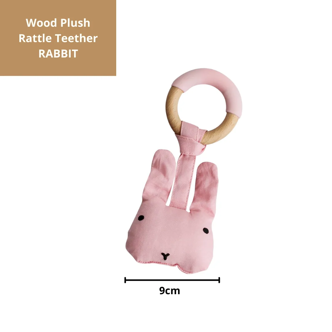 Little Rawr Wood Plush Rattle Teether Toy- Rabbit(Pink)