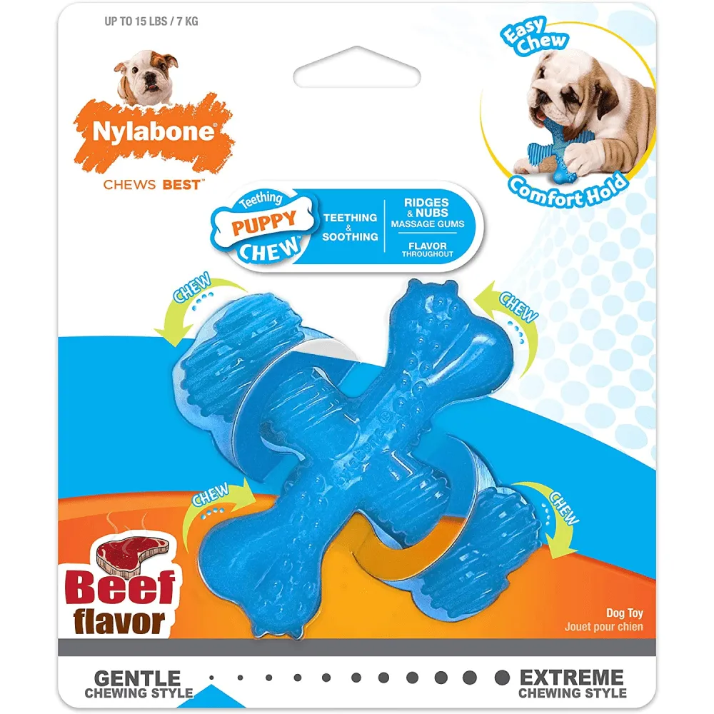 Nylabone Puppy Teething Beef Flavoured Chew "X" Bone Toy for Dogs (Blue)