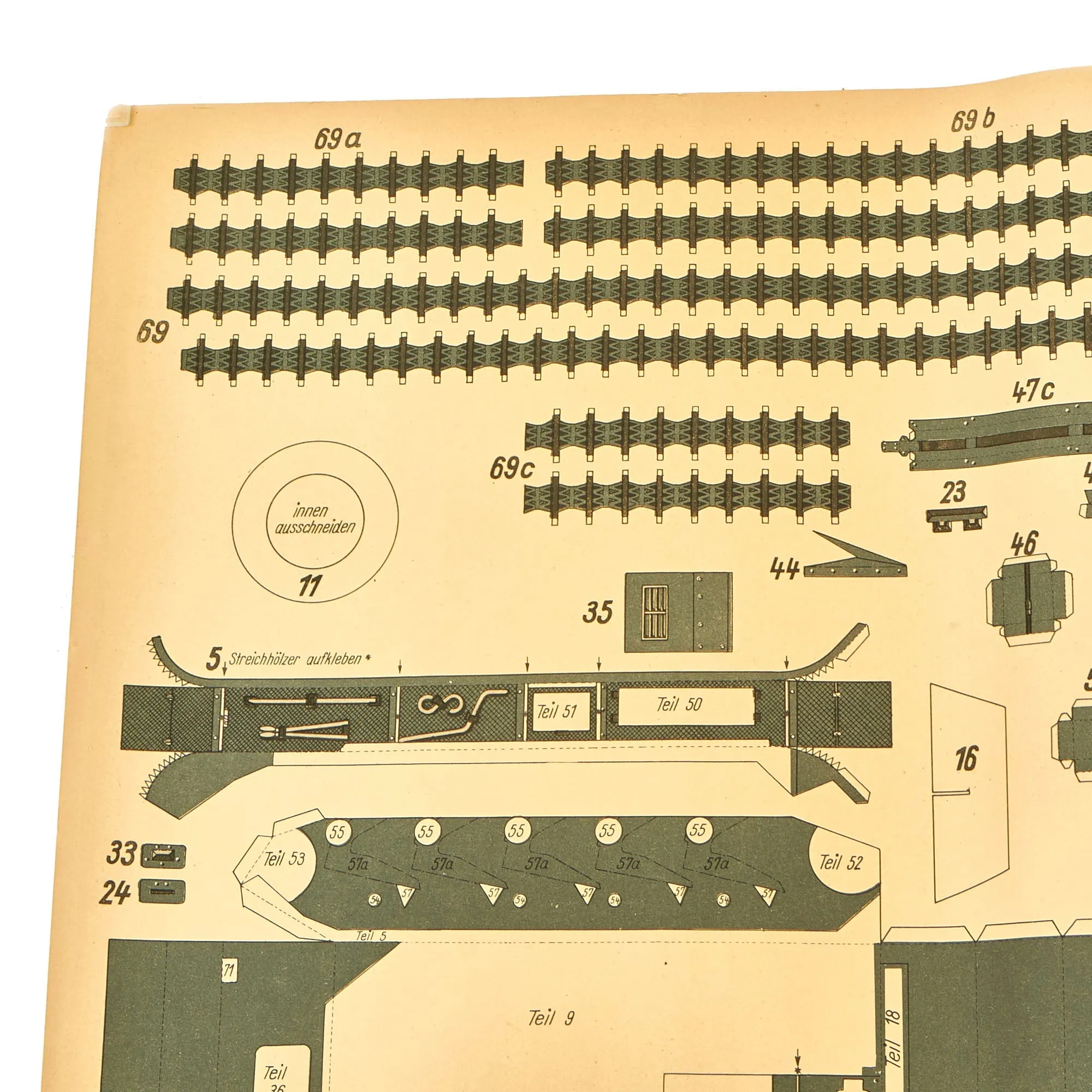 Original German WWII Unused Panzerkampfwagen II 1:20 Scale Paper Model Training Set by Dr. M. Matthiesen & Co. dated 1943 - 2 Build Sheets