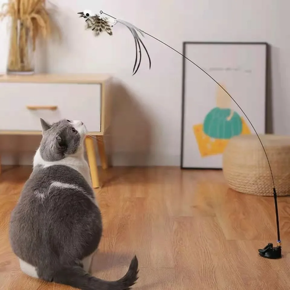 Simulation Bird Interactive Funny Cat Stick Toy Furry Feather Bird With Bell Sucker Cat Stick Toy Kitten Playing Toy