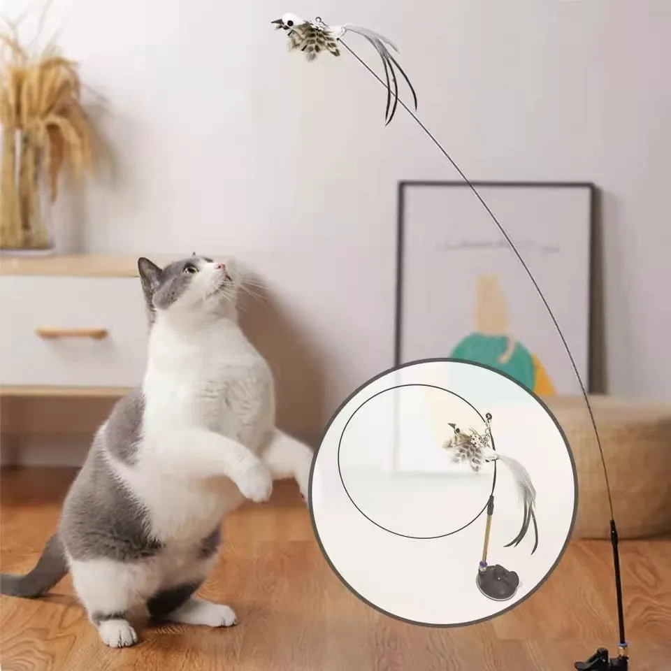 Simulation Bird Interactive Funny Cat Stick Toy Furry Feather Bird With Bell Sucker Cat Stick Toy Kitten Playing Toy