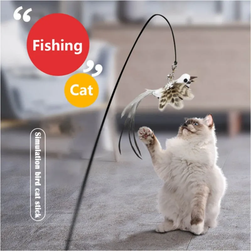 Simulation Bird Interactive Funny Cat Stick Toy Furry Feather Bird With Bell Sucker Cat Stick Toy Kitten Playing Toy